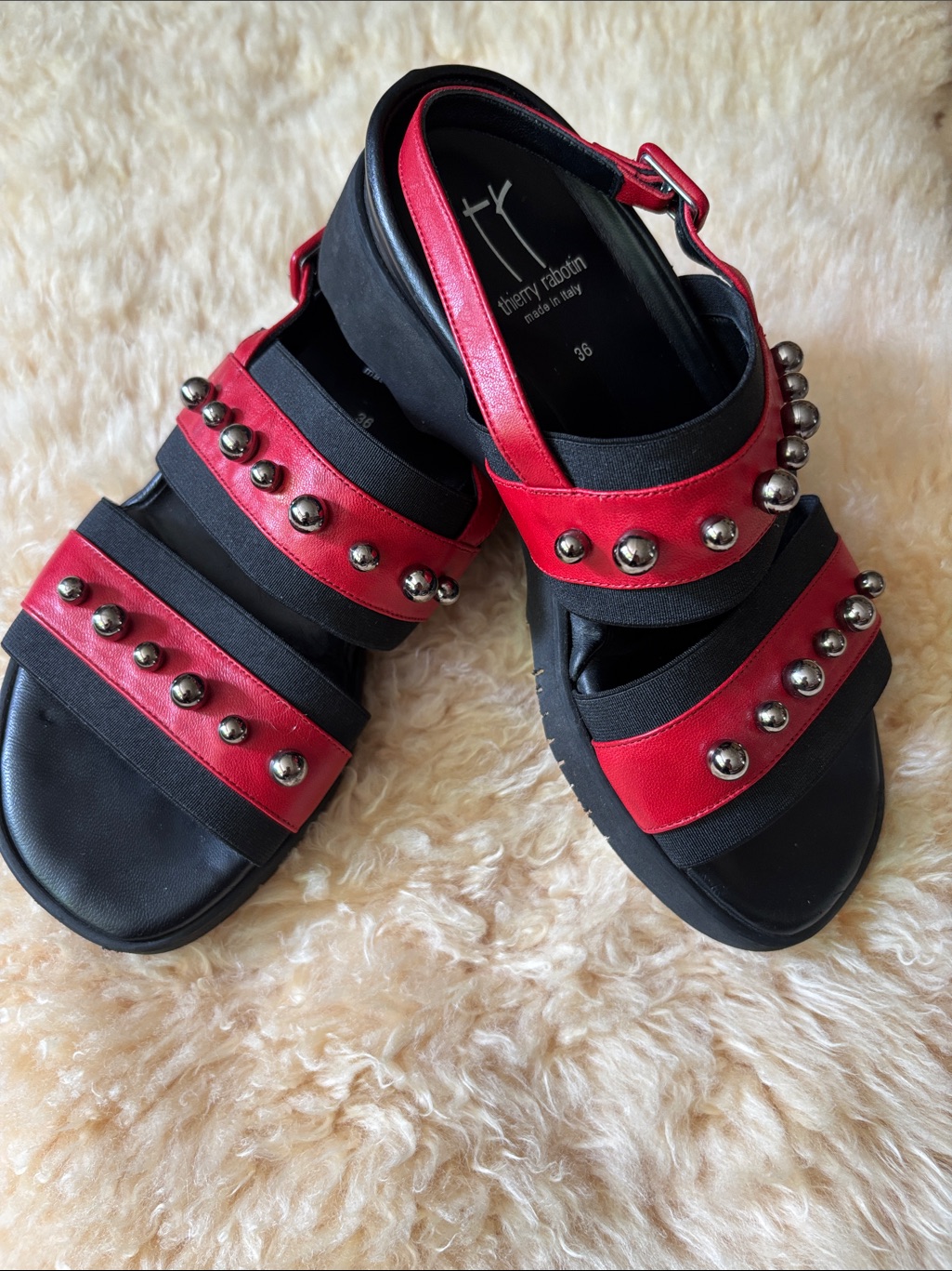 Thierry Rabotin Red And Black Studded Sandals. Size 36. Handmade In Italy.